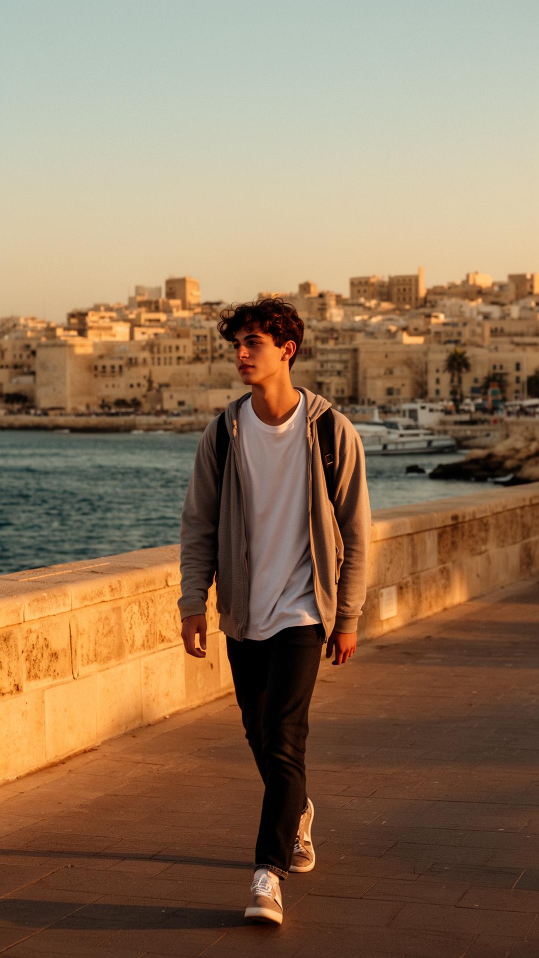 Giovane italiano sul lungomare di Sliema, Malta, con vista su Valletta al tramonto