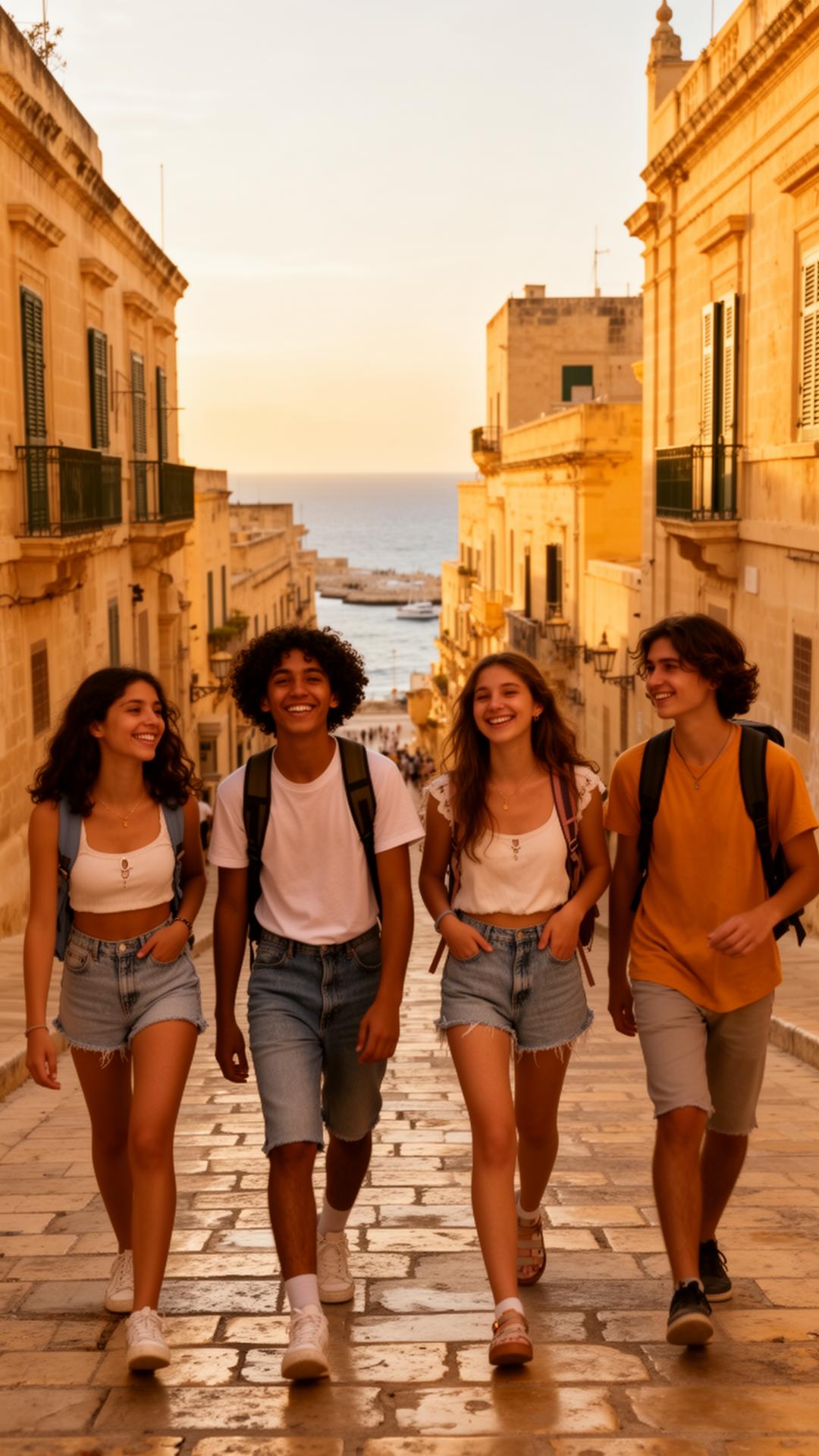 Teenager internazionali a Valletta al tramonto durante un Summer Camp a Malta